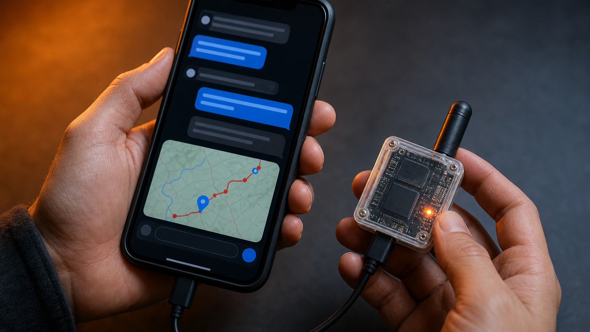 Telemóvel com aplicação ligado a um nó de rádio LoRa compacto
